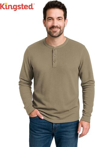 قمصان Kingsted Henley للرجال - أكمام طويلة وافل حراري Henley - أزرار على شكل قشرة جوز الهند - ملاءمة كلاسيكية مريحة in Kuwait