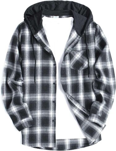Men's Flannel Hoodie Shirts Casual Button Down Plaid Shirt Long Sleeve Lightweight Hooded with Pocket in Saudi Arabia