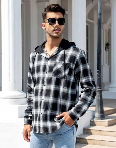 Men's Flannel Hoodie Shirts Casual Button Down Plaid Shirt Long Sleeve Lightweight Hooded with Pocket in Saudi Arabia