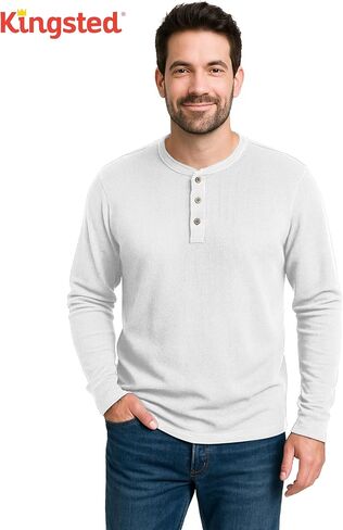 قمصان Kingsted Henley للرجال - أكمام طويلة وافل حراري Henley - أزرار على شكل قشرة جوز الهند - ملاءمة كلاسيكية مريحة in Kuwait