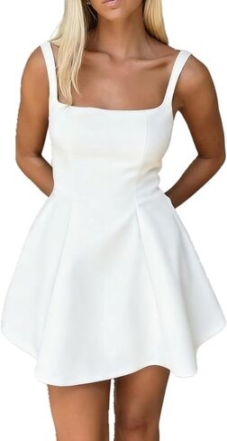 فستان نسائي قصير للحفلات بدون أكمام ورقبة مربعة بلون سادة in Kuwait