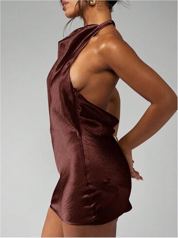 SweatyRocks Women's Metallic Backless Halter Dress Sleeveless Bodycon Club Party Mini Dresses in Kuwait