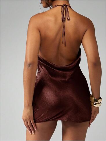 SweatyRocks Women's Metallic Backless Halter Dress Sleeveless Bodycon Club Party Mini Dresses in Kuwait