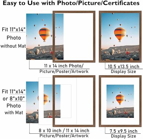 11x14 Picture Frame with 8x10 Mat, Display Photo 8x10 with Mat or 11 x 14 Without Mat, Wall Hanging Large Frame with Shatter Resistant Plexiglass, Brown in Saudi Arabia
