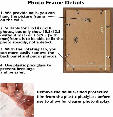 11x14 Picture Frame with 8x10 Mat, Display Photo 8x10 with Mat or 11 x 14 Without Mat, Wall Hanging Large Frame with Shatter Resistant Plexiglass, Brown in Saudi Arabia
