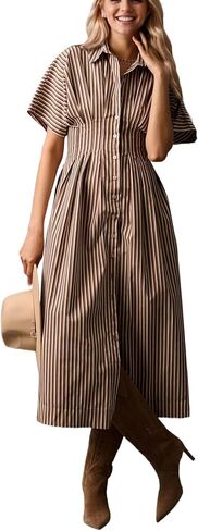 Women Striped Button Down Pleated Shirt Dress Summer Short Sleeve Ruffle A Line Swing Long Blouse Midi Long Dress in Kuwait