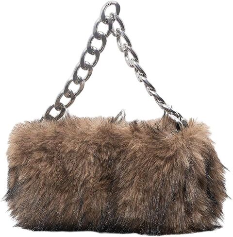 Verdusa Women's Y2K Faux Fur Fuzzy Shoulder Bags Zipper Metal Chain Strap Small Handbag in Saudi Arabia
