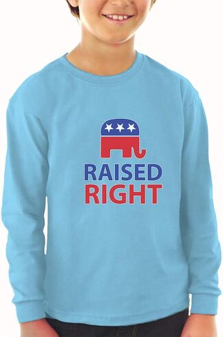 Kids Long Sleeve T Shirt Raised Right with an American Republican Flag Cotton Boy & Girl Clothes Funny Graphic Tee Oxford Gray Design Only 3T in Saudi Arabia