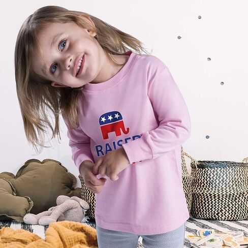 Kids Long Sleeve T Shirt Raised Right with an American Republican Flag Cotton Boy & Girl Clothes Funny Graphic Tee Oxford Gray Design Only 3T in Saudi Arabia