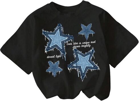Women's Star Graphic Letter Print Tee Tops Casual Crewneck Short Sleeve T Shirt in Saudi Arabia