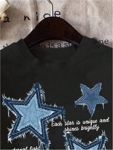Women's Star Graphic Letter Print Tee Tops Casual Crewneck Short Sleeve T Shirt in Saudi Arabia