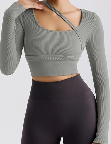 Women's Long Sleeve Asymmetrical Strap Sports Top Ribbed Cropped Shirt with Chest Support for Workout and Casual Wear in Saudi Arabia