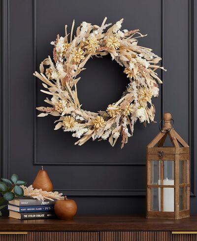 26 inch Golden Wild Flower Wreath, Artificial Flax Grass, Mini Mums, Wild Delphinium, & Millet, Neutral Color, Indoor Fall Home Decor, Front Door Display - by Seasonal LLC in Saudi Arabia