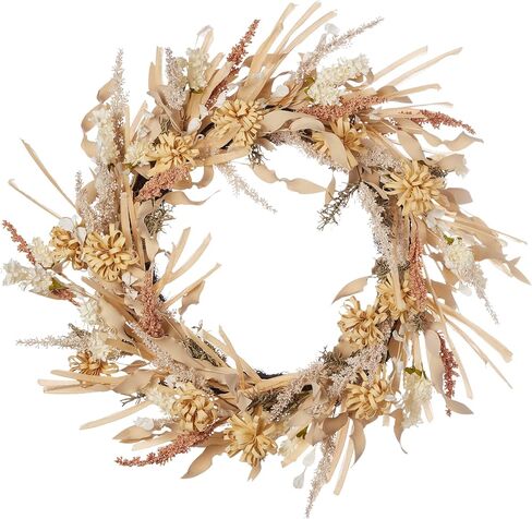 26 inch Golden Wild Flower Wreath, Artificial Flax Grass, Mini Mums, Wild Delphinium, & Millet, Neutral Color, Indoor Fall Home Decor, Front Door Display - by Seasonal LLC in Saudi Arabia