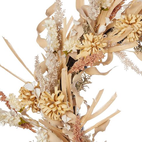26 inch Golden Wild Flower Wreath, Artificial Flax Grass, Mini Mums, Wild Delphinium, & Millet, Neutral Color, Indoor Fall Home Decor, Front Door Display - by Seasonal LLC in Saudi Arabia