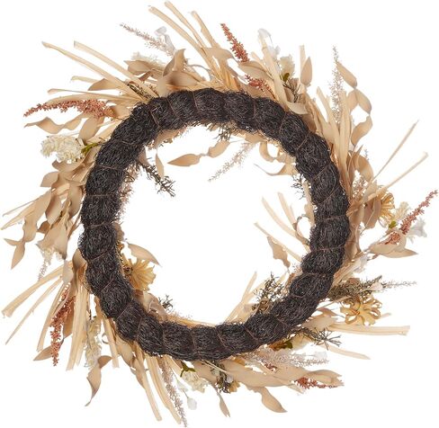 26 inch Golden Wild Flower Wreath, Artificial Flax Grass, Mini Mums, Wild Delphinium, & Millet, Neutral Color, Indoor Fall Home Decor, Front Door Display - by Seasonal LLC in Saudi Arabia