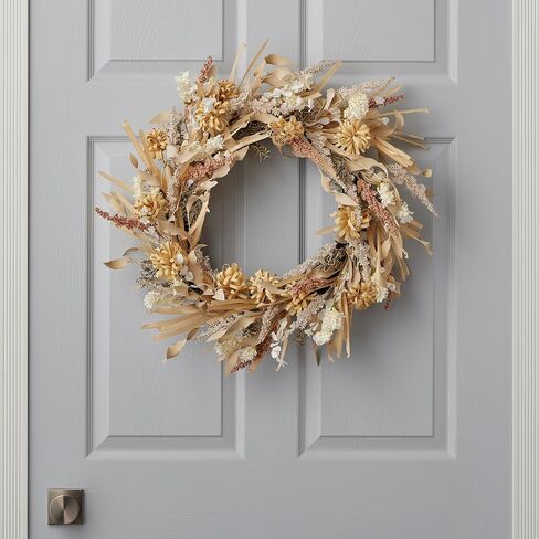 26 inch Golden Wild Flower Wreath, Artificial Flax Grass, Mini Mums, Wild Delphinium, & Millet, Neutral Color, Indoor Fall Home Decor, Front Door Display - by Seasonal LLC in Saudi Arabia