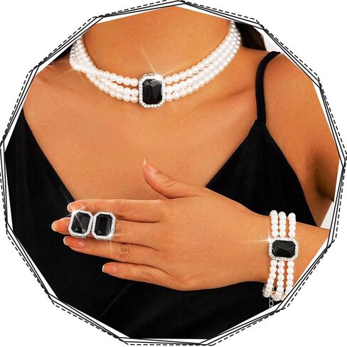 Brishow Pearl Necklace Jewelry Set Wedding Pearls Earrings Necklaces Set Bridal Crystal Bracelet Jewelry for Women (Pack of 3) in Saudi Arabia