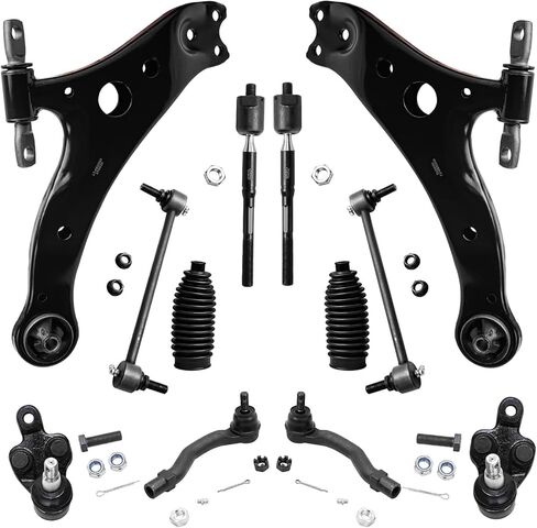 محور ديترويت - طقم تعليق أمامي 12 قطعة لسيارة تويوتا كامري لكزس ES300 2002-2003، 2 أذرع تحكم سفلية 2 مفاصل كروية 4 قضبان ربط خارجية وداخلية 2 قضبان تأرجح 2 أحذية ومنفاخ بديل in Kuwait
