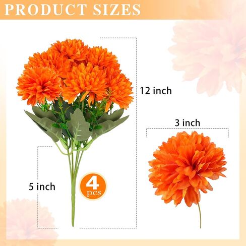 قطعتان من زهور الخريف الاصطناعية مع 6 رؤوس لكل واحدة، زهرة الأقحوان الحريرية الزائفة على شكل كرة برتقالية للأمهات المزيفة لديكور المنزل في الهواء الطلق وطاولة داخلية وحفلات الزفاف وخريف الهالوين in Kuwait