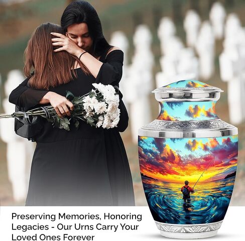 جرة الصيد - جرة غروب الشمس التذكارية لصياد السمك - 10 بوصة - كبيرة مع حقيبة مخملية - جرار جنازة البحيرة لرماد البالغين من الرجال والنساء - الجرار البشرية للبالغين - نصب تذكاري لحرق الجثث in Kuwait