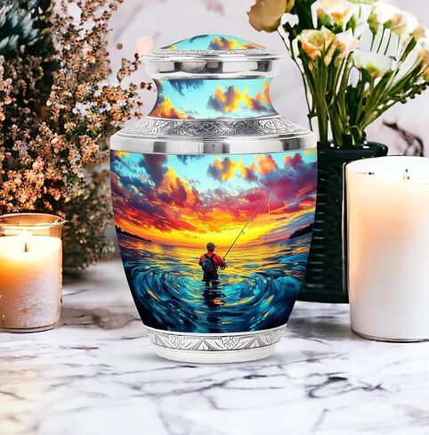 جرة الصيد - جرة غروب الشمس التذكارية لصياد السمك - 10 بوصة - كبيرة مع حقيبة مخملية - جرار جنازة البحيرة لرماد البالغين من الرجال والنساء - الجرار البشرية للبالغين - نصب تذكاري لحرق الجثث in Kuwait