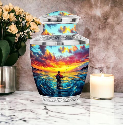 جرة الصيد - جرة غروب الشمس التذكارية لصياد السمك - 10 بوصة - كبيرة مع حقيبة مخملية - جرار جنازة البحيرة لرماد البالغين من الرجال والنساء - الجرار البشرية للبالغين - نصب تذكاري لحرق الجثث in Kuwait