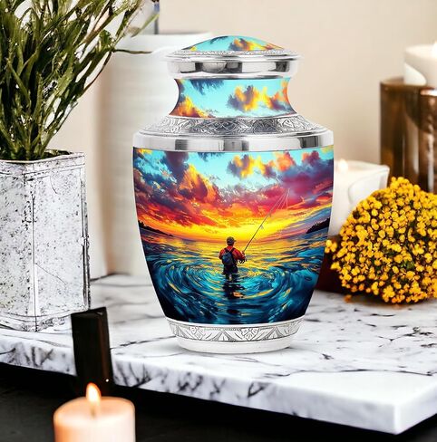 جرة الصيد - جرة غروب الشمس التذكارية لصياد السمك - 10 بوصة - كبيرة مع حقيبة مخملية - جرار جنازة البحيرة لرماد البالغين من الرجال والنساء - الجرار البشرية للبالغين - نصب تذكاري لحرق الجثث in Kuwait