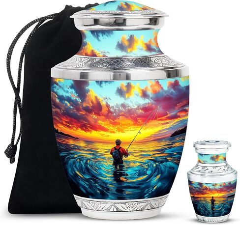 جرة الصيد - جرة غروب الشمس التذكارية لصياد السمك - 10 بوصة - كبيرة مع حقيبة مخملية - جرار جنازة البحيرة لرماد البالغين من الرجال والنساء - الجرار البشرية للبالغين - نصب تذكاري لحرق الجثث in Kuwait