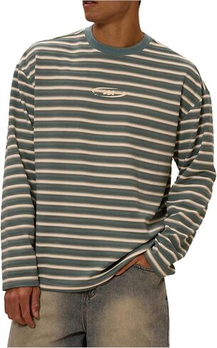 OYOANGLE Men's Striped Print Long Sleeve T Shirts Oversized Drop Shoulder Tops Graphic Tees in Saudi Arabia
