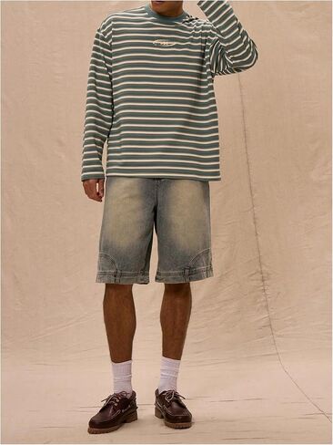 OYOANGLE Men's Striped Print Long Sleeve T Shirts Oversized Drop Shoulder Tops Graphic Tees in Saudi Arabia