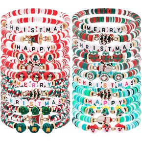 Taouzi Christmas Bracelets for Women Bulk Christmas Jewelry Set Handmade Clay Beads Stretch Surfer Heishi Bracelets Xmas Friendship Jewelry Xmas Gifts for Women in Kuwait