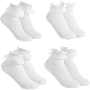 4 Pairs White Lace Ruffle Socks, Cute Lace Frilly Ankle Socks Cotton Ballet Sock Comfortable Princess Sock for Women in Saudi Arabia