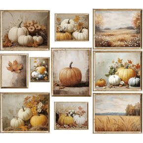 Whaline 10 Pcs Fall Pumpkin Wall Art Prints Vintage Pumpkin Leaves Flower Paper Posters Autumn Realistic Picture Decoration for Thanksgiving Home Gallery Living Room Office, Unframed in Kuwait