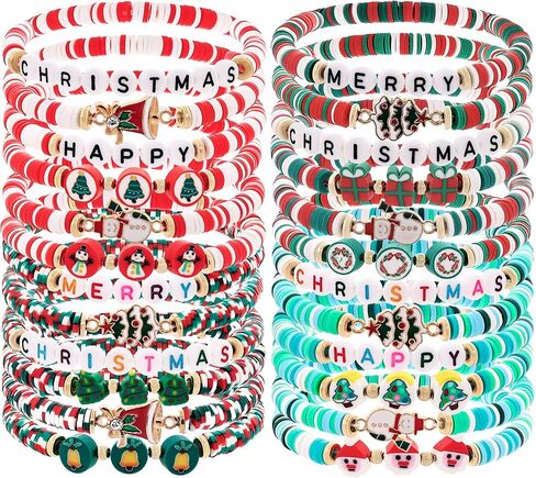 Taouzi Christmas Bracelets for Women Bulk Christmas Jewelry Set Handmade Clay Beads Stretch Surfer Heishi Bracelets Xmas Friendship Jewelry Xmas Gifts for Women in Kuwait