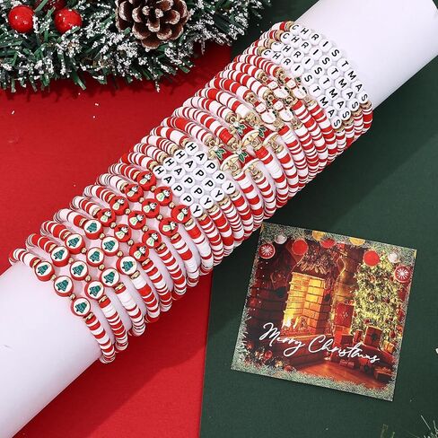 Taouzi Christmas Bracelets for Women Bulk Christmas Jewelry Set Handmade Clay Beads Stretch Surfer Heishi Bracelets Xmas Friendship Jewelry Xmas Gifts for Women in Kuwait