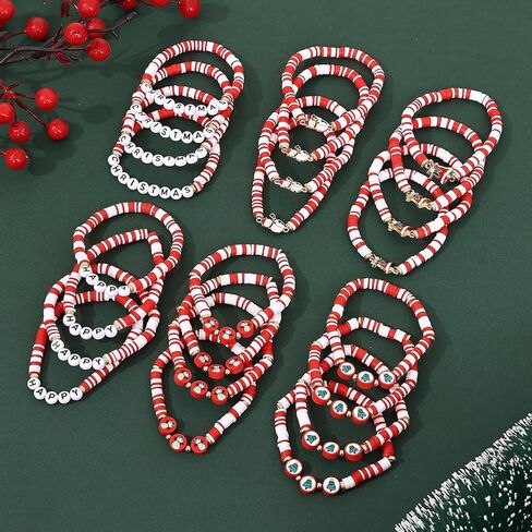 Taouzi Christmas Bracelets for Women Bulk Christmas Jewelry Set Handmade Clay Beads Stretch Surfer Heishi Bracelets Xmas Friendship Jewelry Xmas Gifts for Women in Kuwait