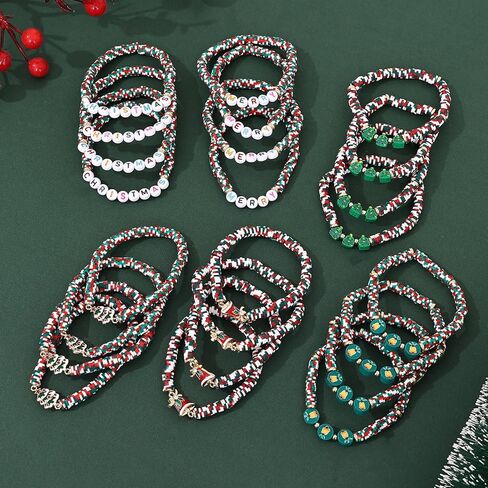 Taouzi Christmas Bracelets for Women Bulk Christmas Jewelry Set Handmade Clay Beads Stretch Surfer Heishi Bracelets Xmas Friendship Jewelry Xmas Gifts for Women in Kuwait