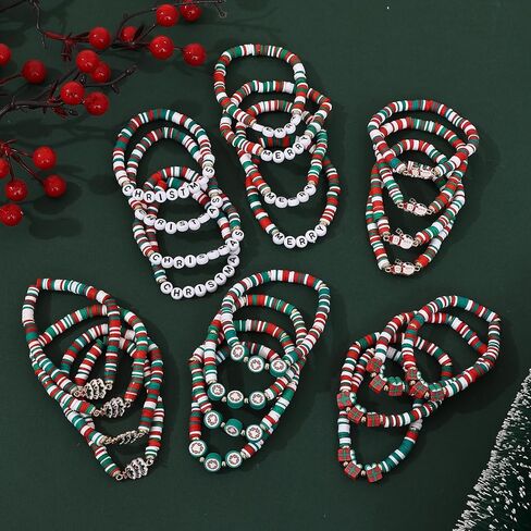 Taouzi Christmas Bracelets for Women Bulk Christmas Jewelry Set Handmade Clay Beads Stretch Surfer Heishi Bracelets Xmas Friendship Jewelry Xmas Gifts for Women in Kuwait