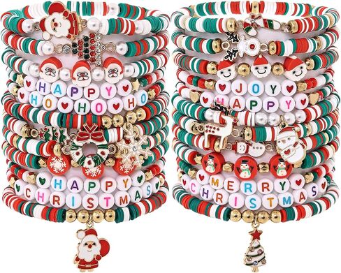 Taouzi Christmas Bracelets for Women Bulk Christmas Jewelry Set Handmade Clay Beads Stretch Surfer Heishi Bracelets Xmas Friendship Jewelry Xmas Gifts for Women in Kuwait