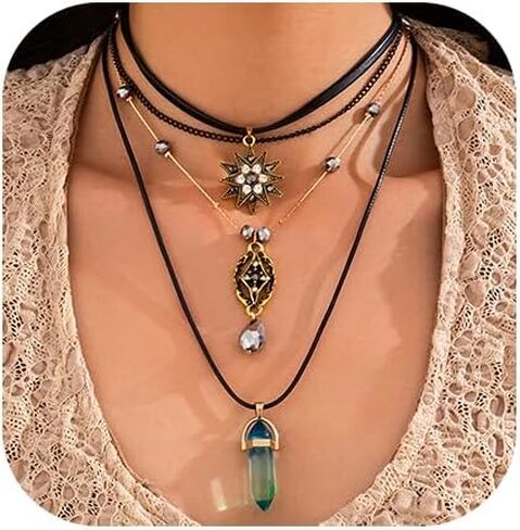 Layered Boho Necklace for Women Stacked Crystal Chain Necklace Sun Pendant Hippie Boho Choker Jewelry in Kuwait