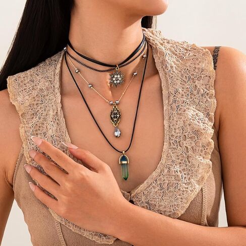 Layered Boho Necklace for Women Stacked Crystal Chain Necklace Sun Pendant Hippie Boho Choker Jewelry in Kuwait