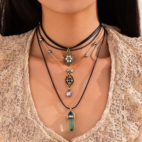 Layered Boho Necklace for Women Stacked Crystal Chain Necklace Sun Pendant Hippie Boho Choker Jewelry in Kuwait