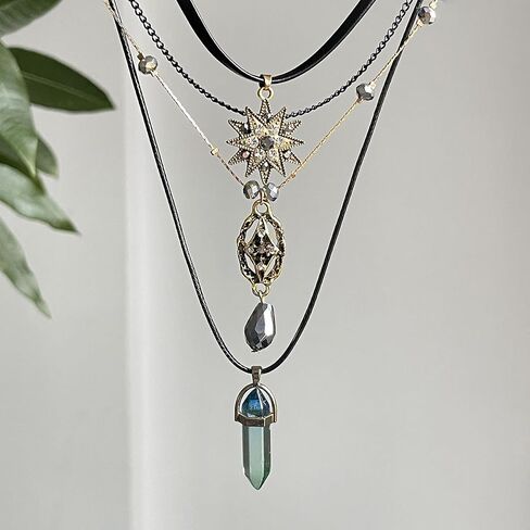 Layered Boho Necklace for Women Stacked Crystal Chain Necklace Sun Pendant Hippie Boho Choker Jewelry in Kuwait