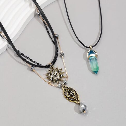 Layered Boho Necklace for Women Stacked Crystal Chain Necklace Sun Pendant Hippie Boho Choker Jewelry in Kuwait