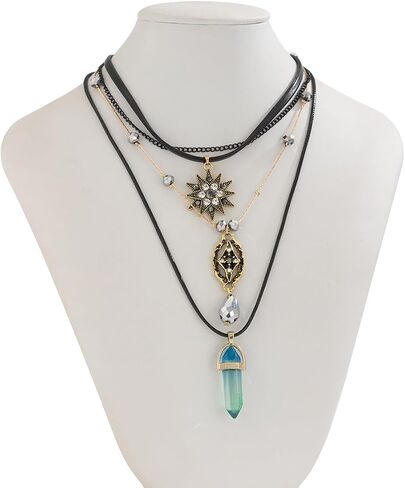 Layered Boho Necklace for Women Stacked Crystal Chain Necklace Sun Pendant Hippie Boho Choker Jewelry in Kuwait