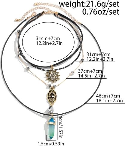 Layered Boho Necklace for Women Stacked Crystal Chain Necklace Sun Pendant Hippie Boho Choker Jewelry in Kuwait