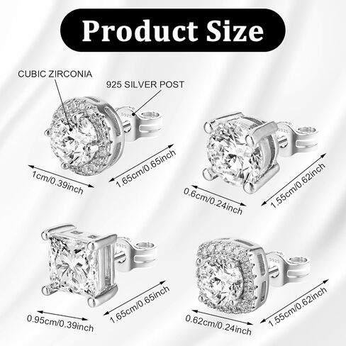 Cubic Zirconia Earrings Studs, 4 Pairs Small Square Woman Mens Stud,Anti Sensitive Water Drop Shape,Square Round Earrings in Saudi Arabia