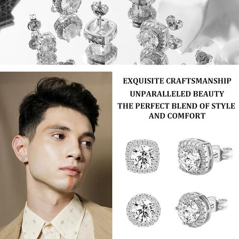 Cubic Zirconia Earrings Studs, 4 Pairs Small Square Woman Mens Stud,Anti Sensitive Water Drop Shape,Square Round Earrings in Saudi Arabia