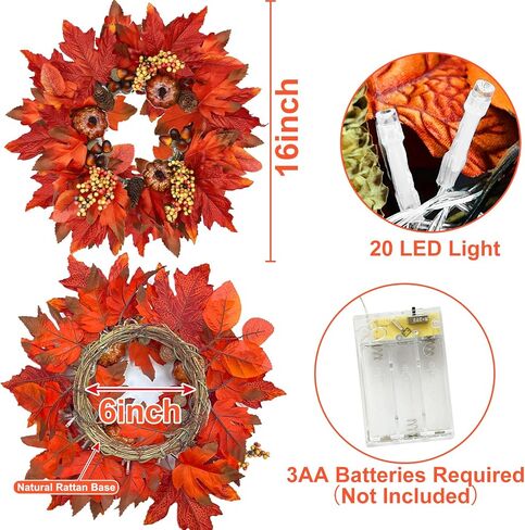 [Thick & Timer] 20 Inch 20 LED Fall Wreaths for Front Door, Fall Wreath with Lights Battery Operated Fall Wreath with Pumpkins Berried Thick Leafs Autumn Wreath Thanksgiving Wreath Indoor Outdoor in Saudi Arabia